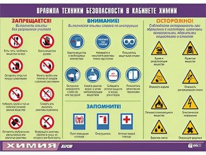 Таблица демонстрационная "Правила техники безопасности в кабинете химии" (винил 100х140) - fgospostavki.ru - Казань